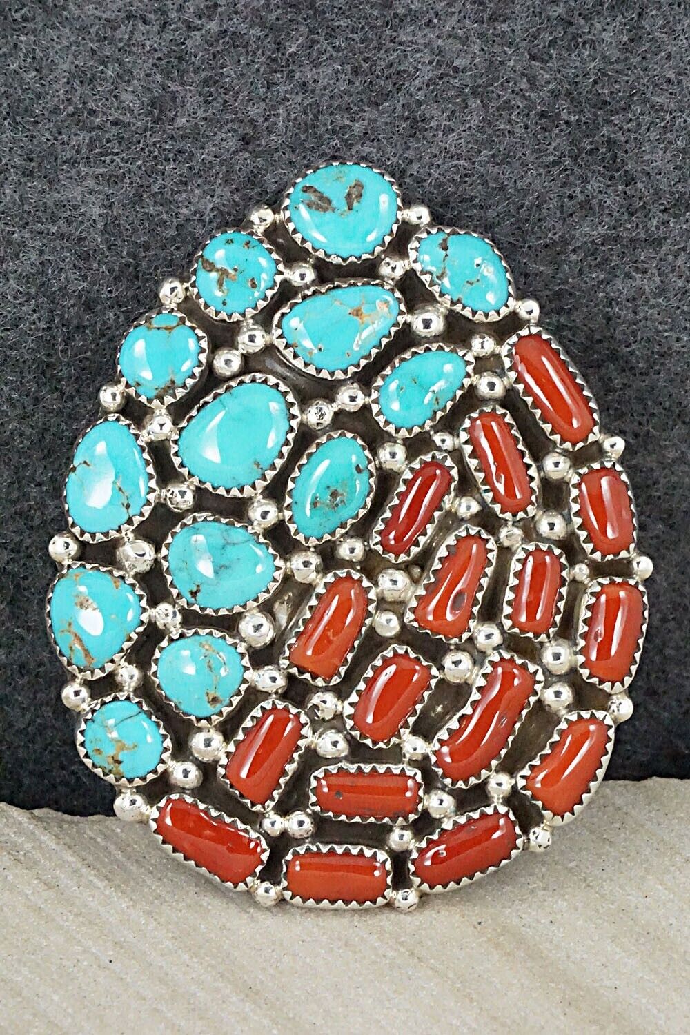 Coral, Turquoise & Sterling Silver Ring - Marlene Haley - Size 7 (adj.)