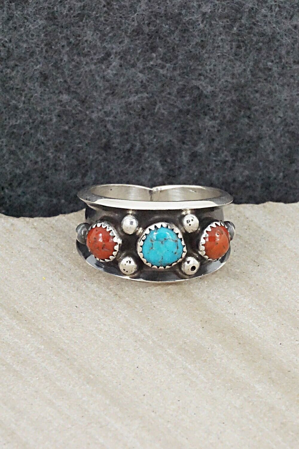 Turquoise, Coral & Sterling Silver Ring - Paul Largo - Size 9