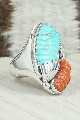 Turquoise, Coral & Sterling Silver Ring - Lyolita Tsattie - Size 13
