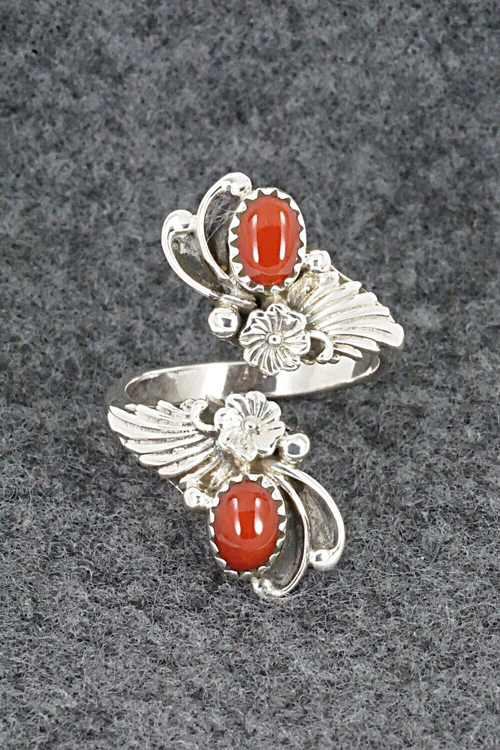 Coral and Sterling Silver Ring - Etta Belin - Size 8.5