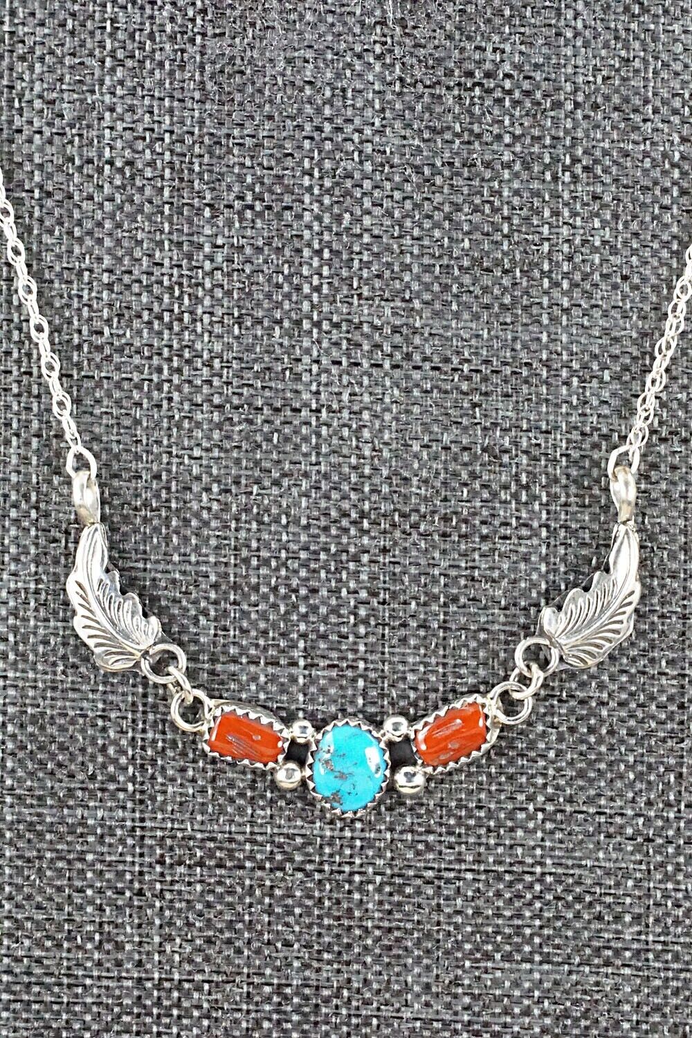 Turquoise, Coral & Sterling Silver Necklace - Verley Betone