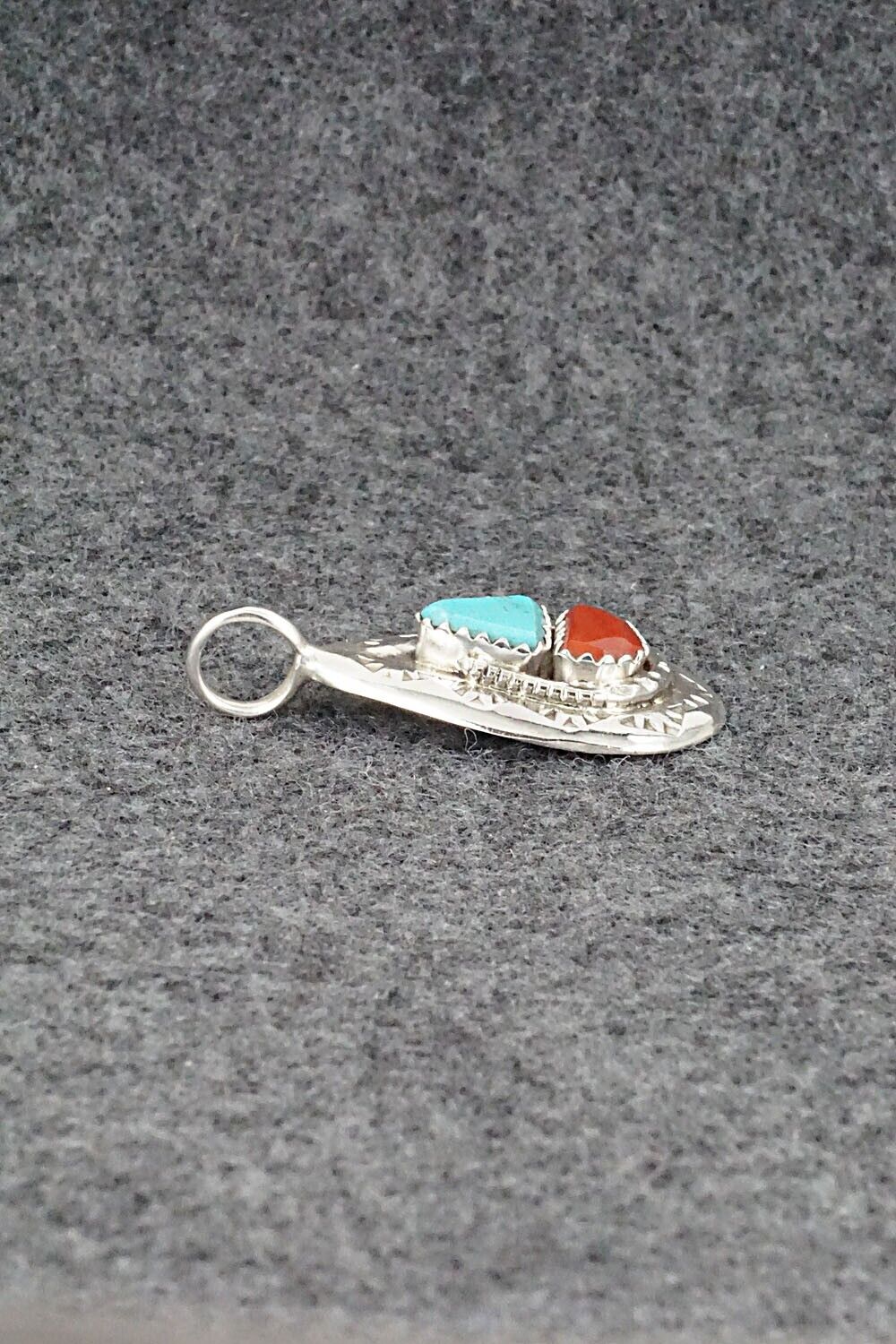 Turquoise, Coral and Sterling Silver Pendant - Joy Calavaza