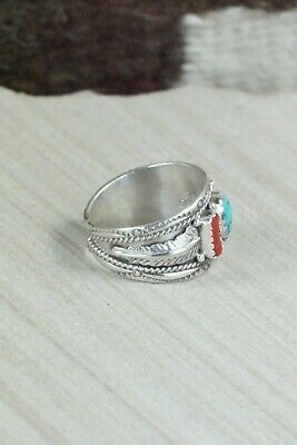 Turquoise, Coral and Sterling Silver Ring - Harrison & Betty Begay - 9.5