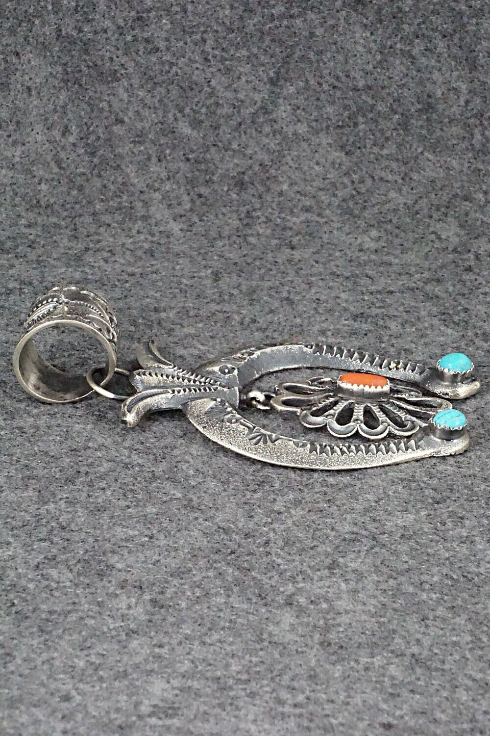Turquoise, Coral and Sterling Silver Naja Pendant - Eva Cayatineto