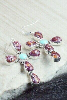 Spiny Oyster, Turquoise & Sterling Silver Cross Earrings - Navajo - High Lonesome Trading