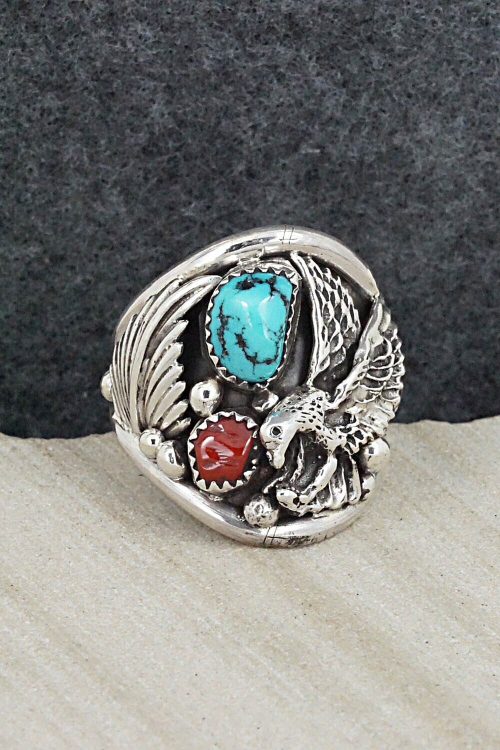 Turquoise, Coral & Sterling Silver Ring - Jeannette Saunders - Size 12