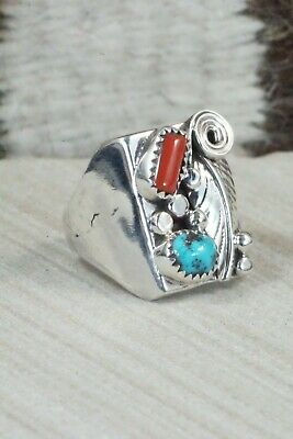 Turquoise, Coral and Sterling Silver Ring - Wilbur Myers - Size 9