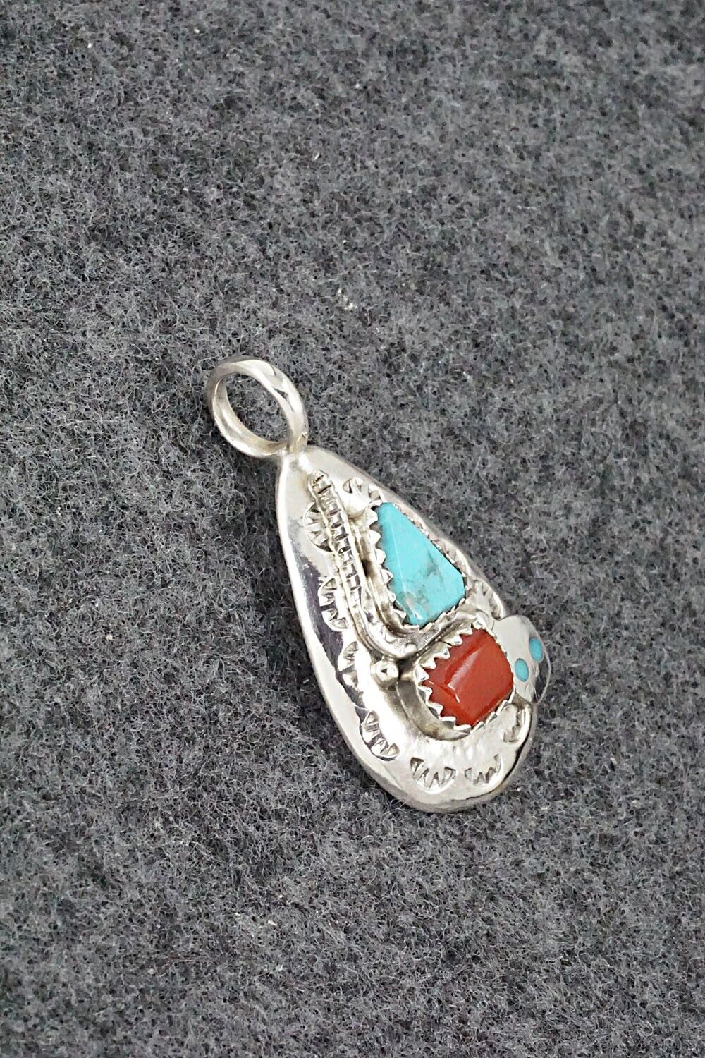 Turquoise, Coral and Sterling Silver Pendant - Joy Calavaza