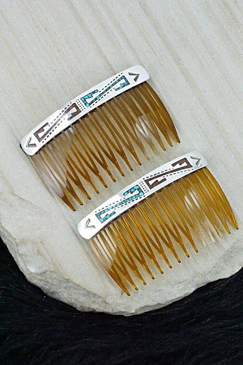 Turquoise, Coral Chip Inlay & Sterling Silver Hair Combs - Joleen Yazzie