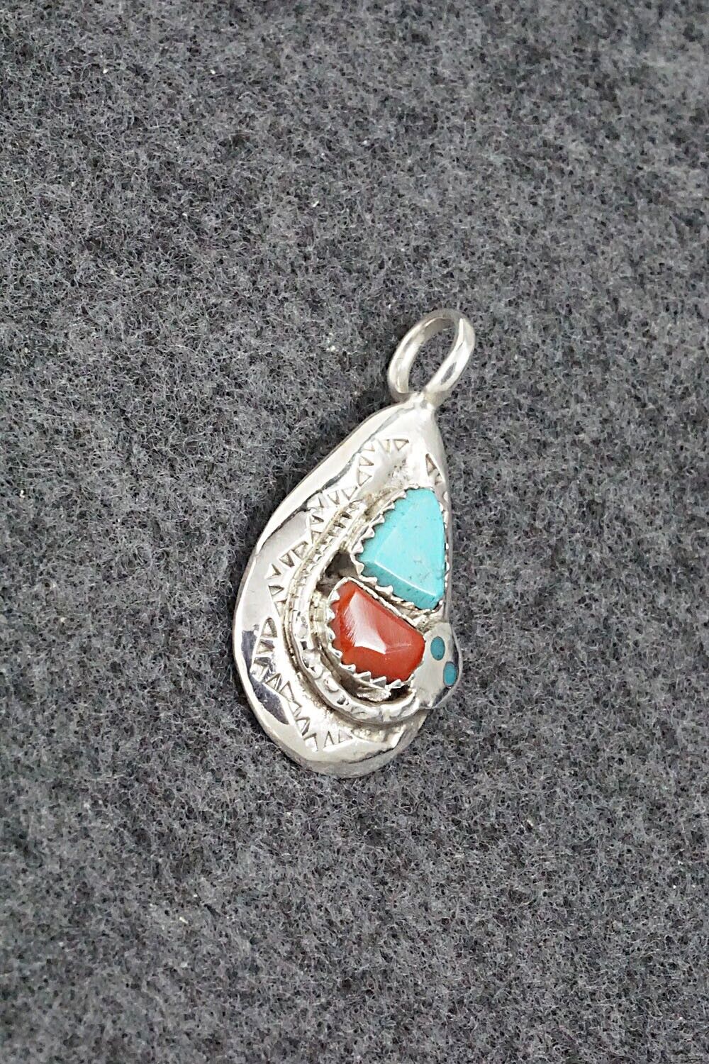 Turquoise, Coral and Sterling Silver Pendant - Joy Calavaza