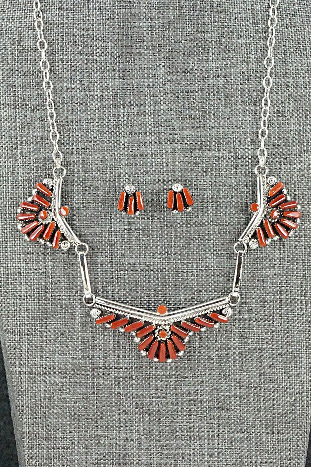 Coral & Sterling Silver Necklace and Earrings Set - Carlene Hattie