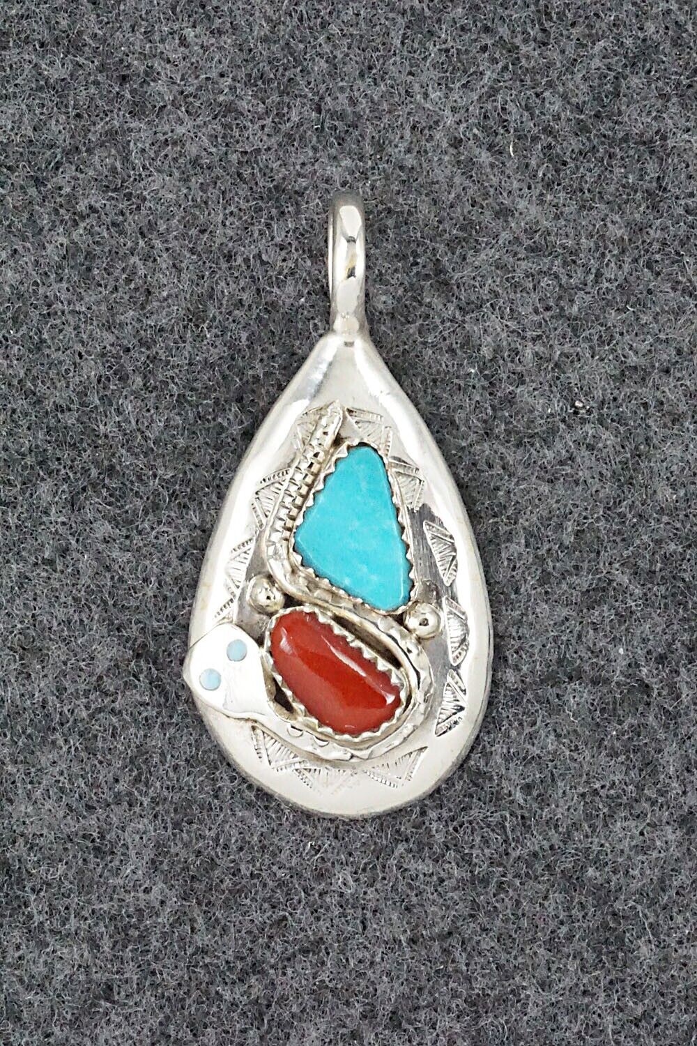 Turquoise, Coral and Sterling Silver Pendant - Joy Calavaza