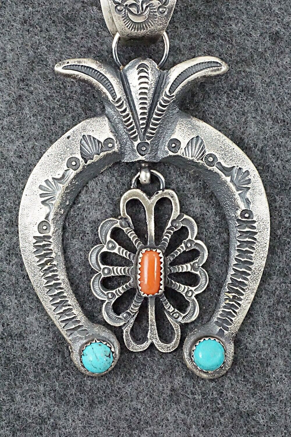 Turquoise, Coral and Sterling Silver Naja Pendant - Eva Cayatineto