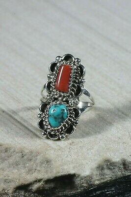 Navajo Turquoise and Coral Sterling Silver Ring - Freda Martinez - Size 6.5 - High Lonesome Trading