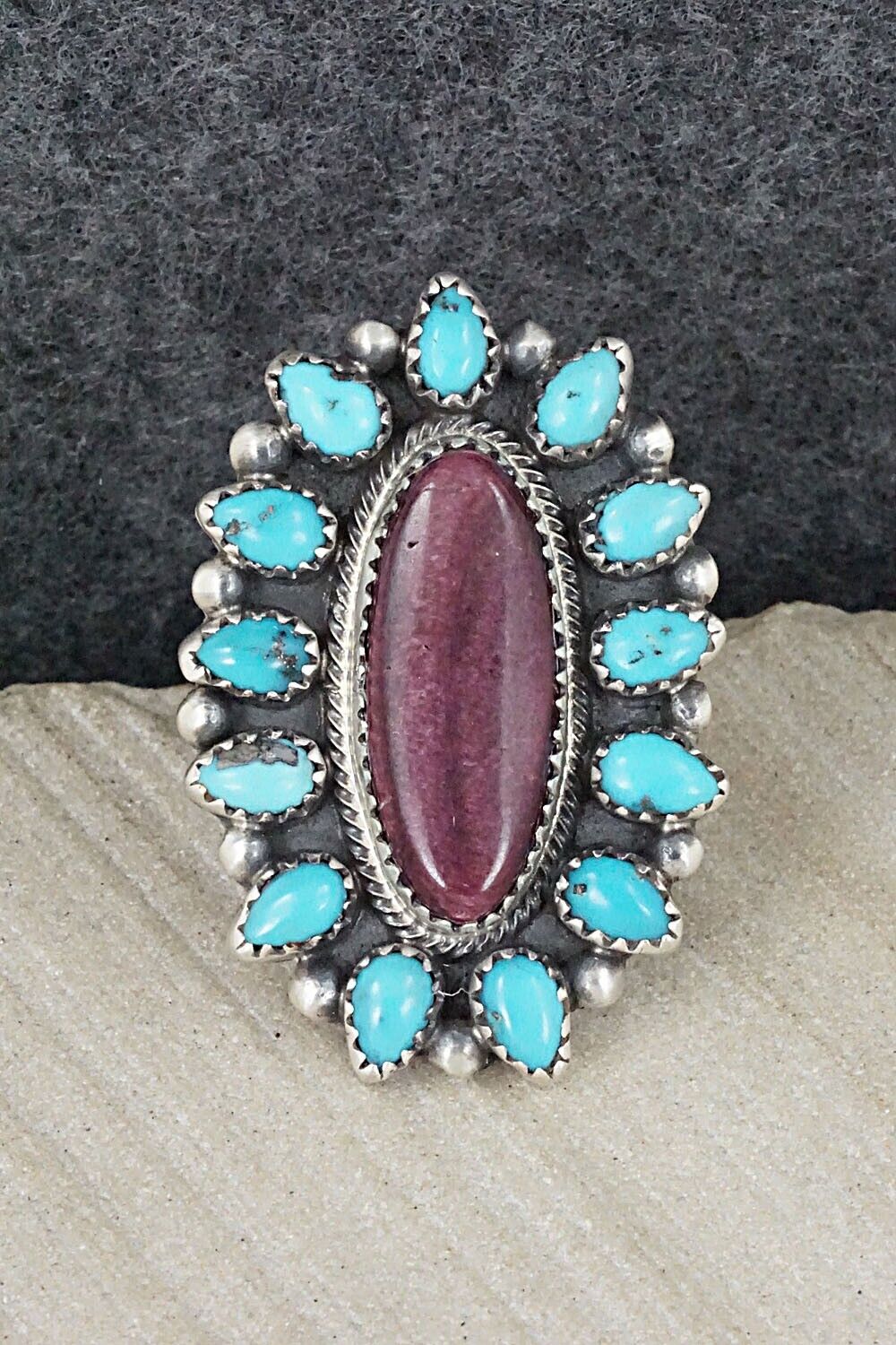 Turquoise, Spiny Oyster & Sterling Silver Ring - Tom Lewis - Size 6.5