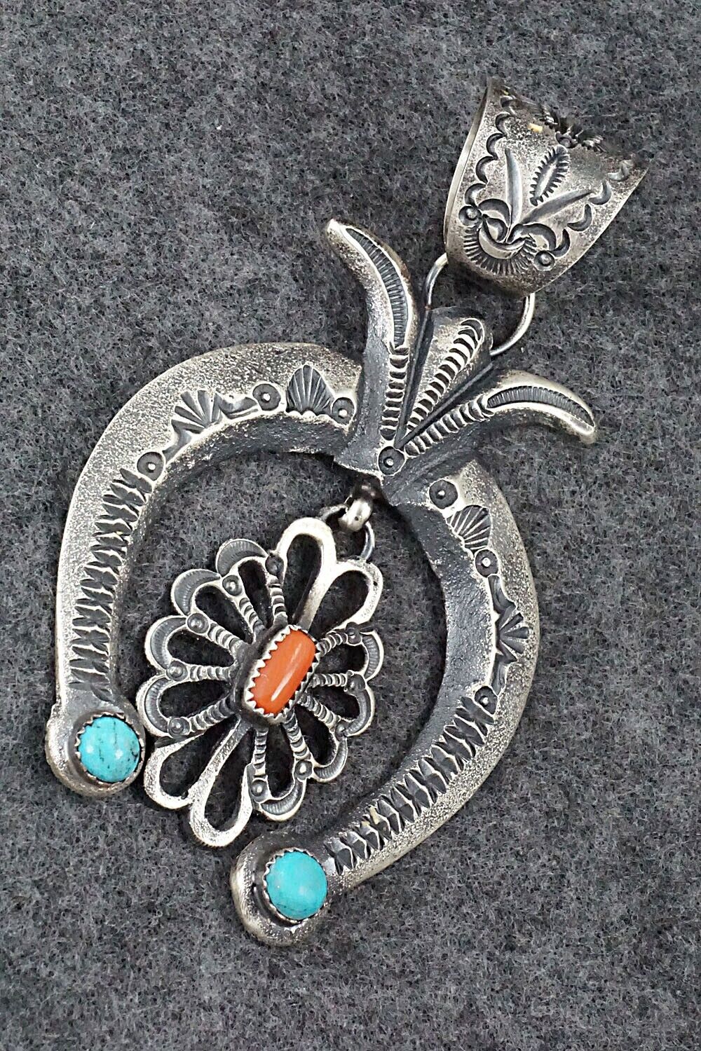 Turquoise, Coral and Sterling Silver Naja Pendant - Eva Cayatineto