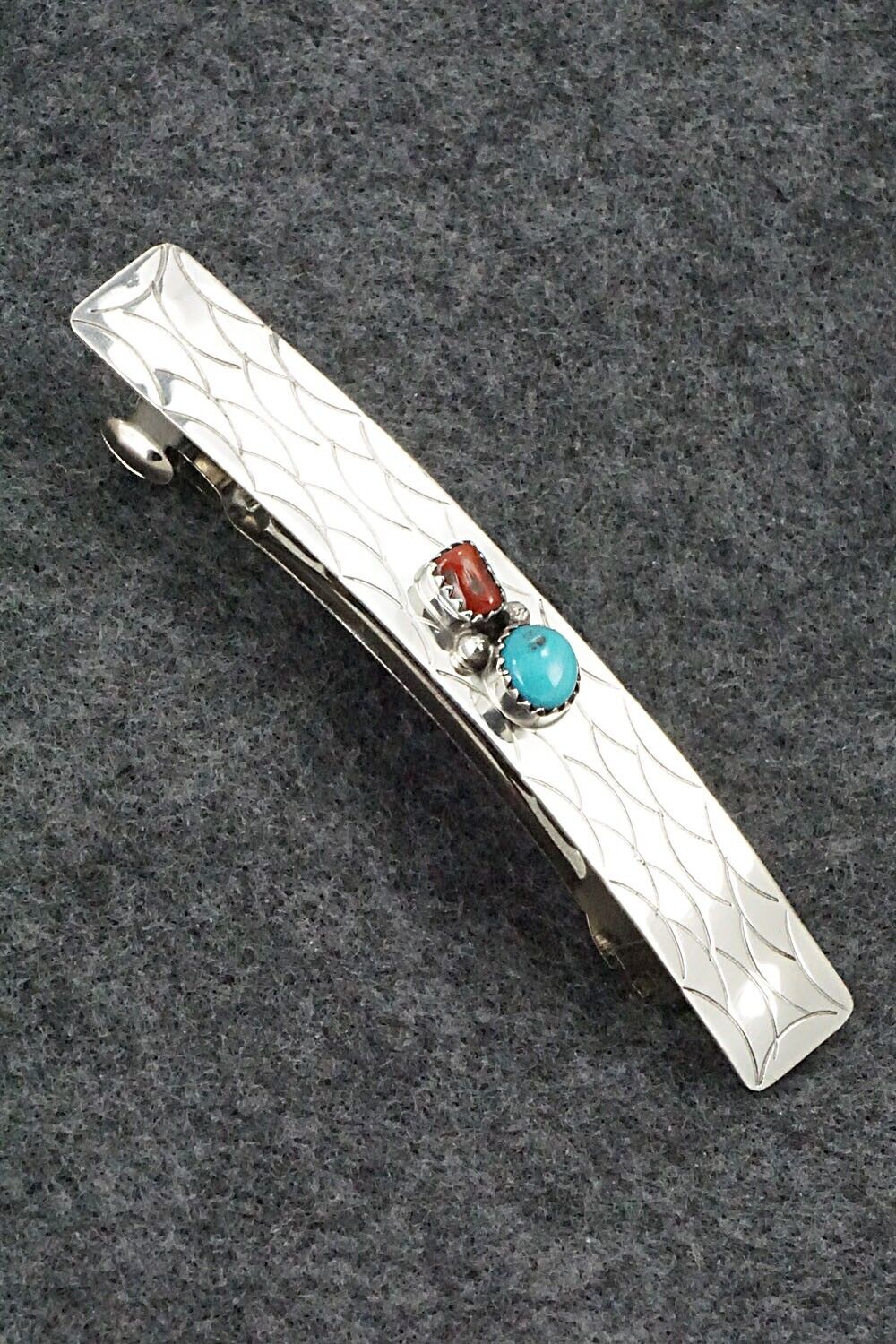 Turquoise, Coral & Sterling Silver Hair Barrette - Sally Arviso