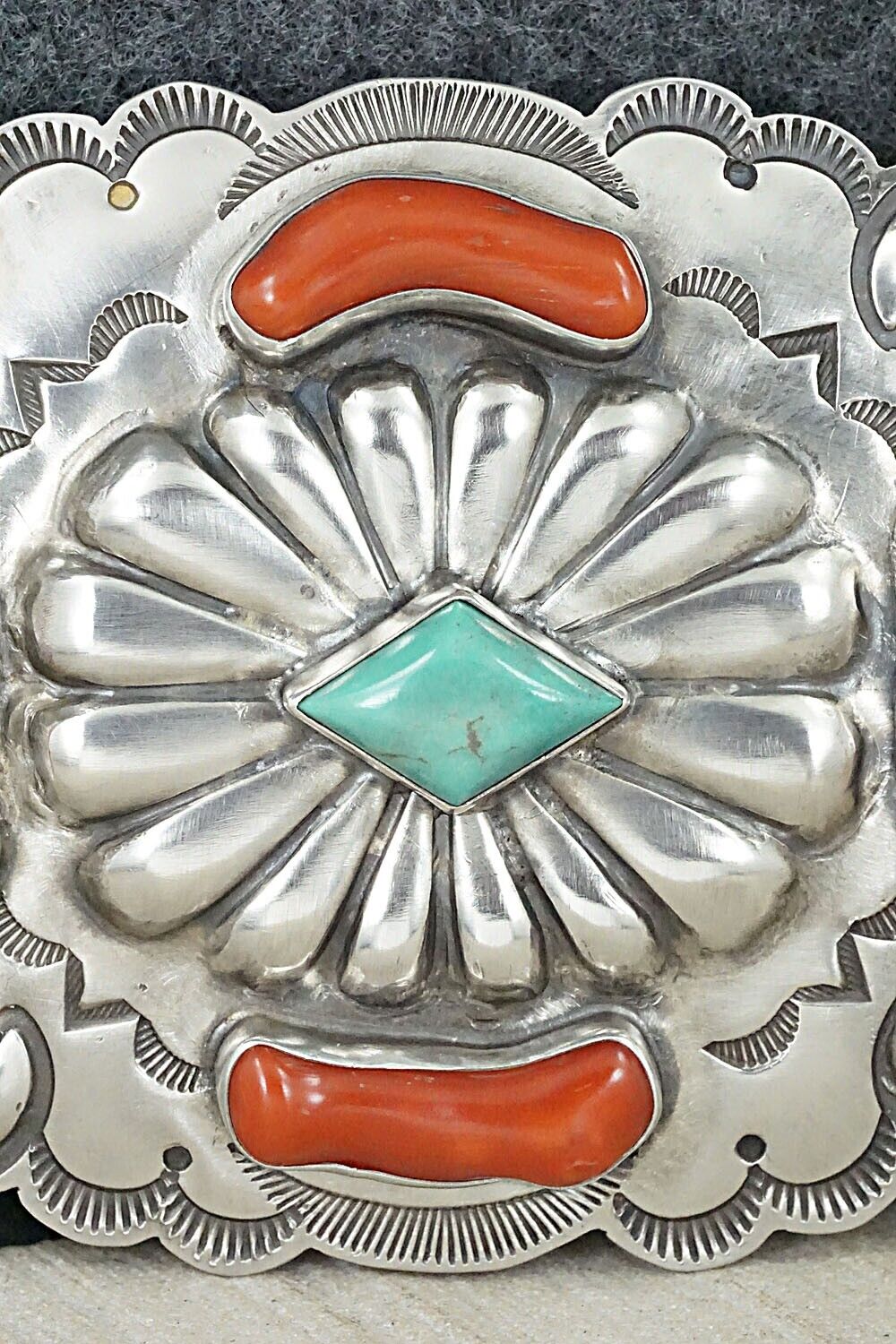 Turquoise, Coral & Sterling Silver Belt Buckle - Wallace Yazzie, Jr.