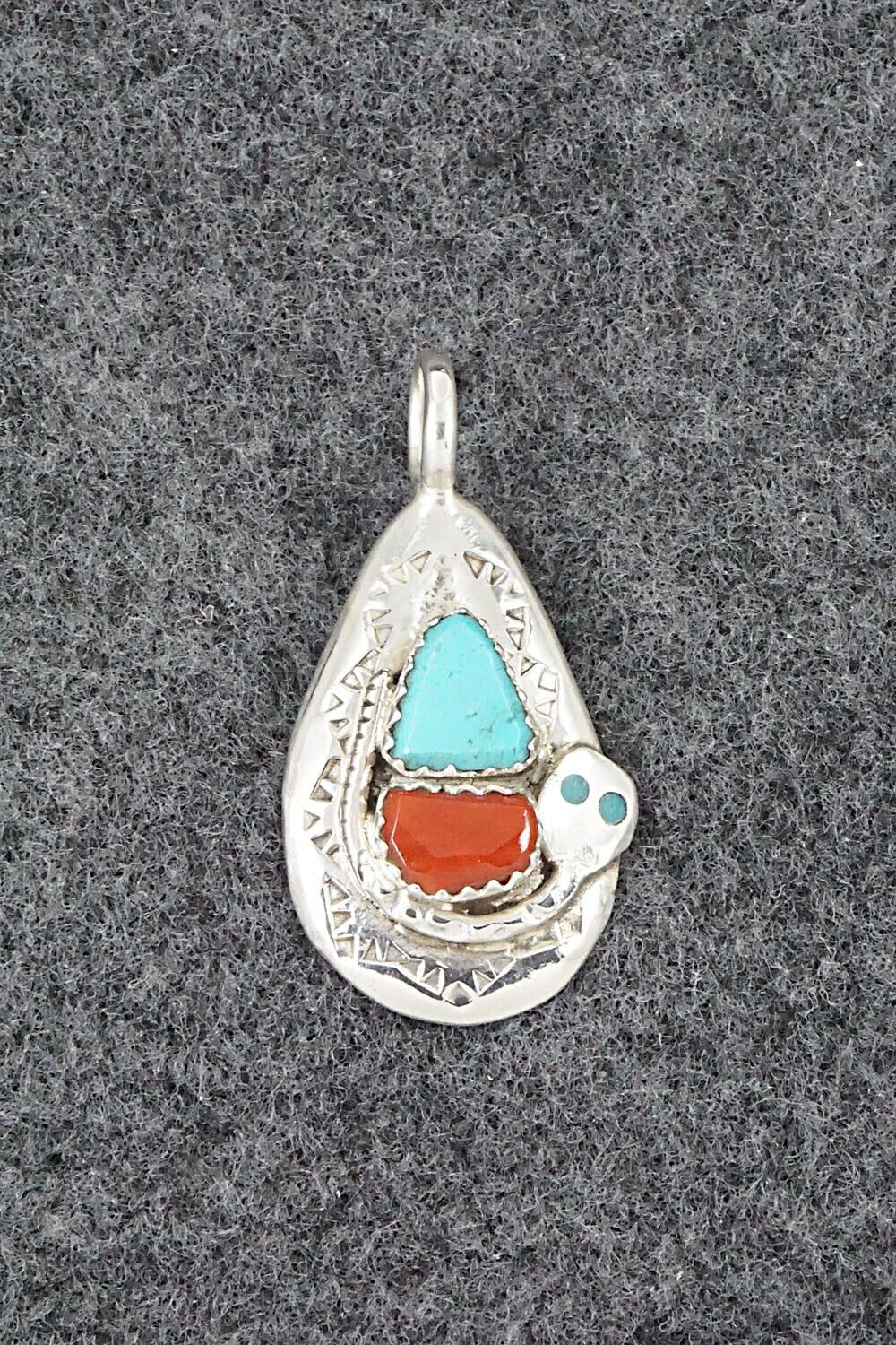 Turquoise, Coral and Sterling Silver Pendant - Joy Calavaza