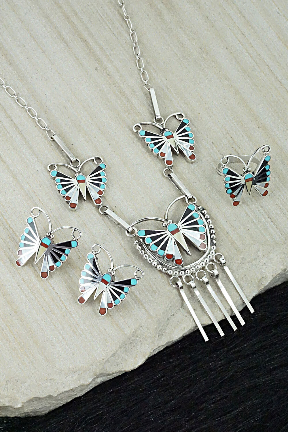 Factory Signed Navajo Sterling Silver Multi Stone Butterfly Necklace Earrings Set