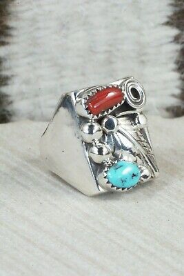 Turquoise, Coral and Sterling Silver Ring - Wilbur Myers - Size 9