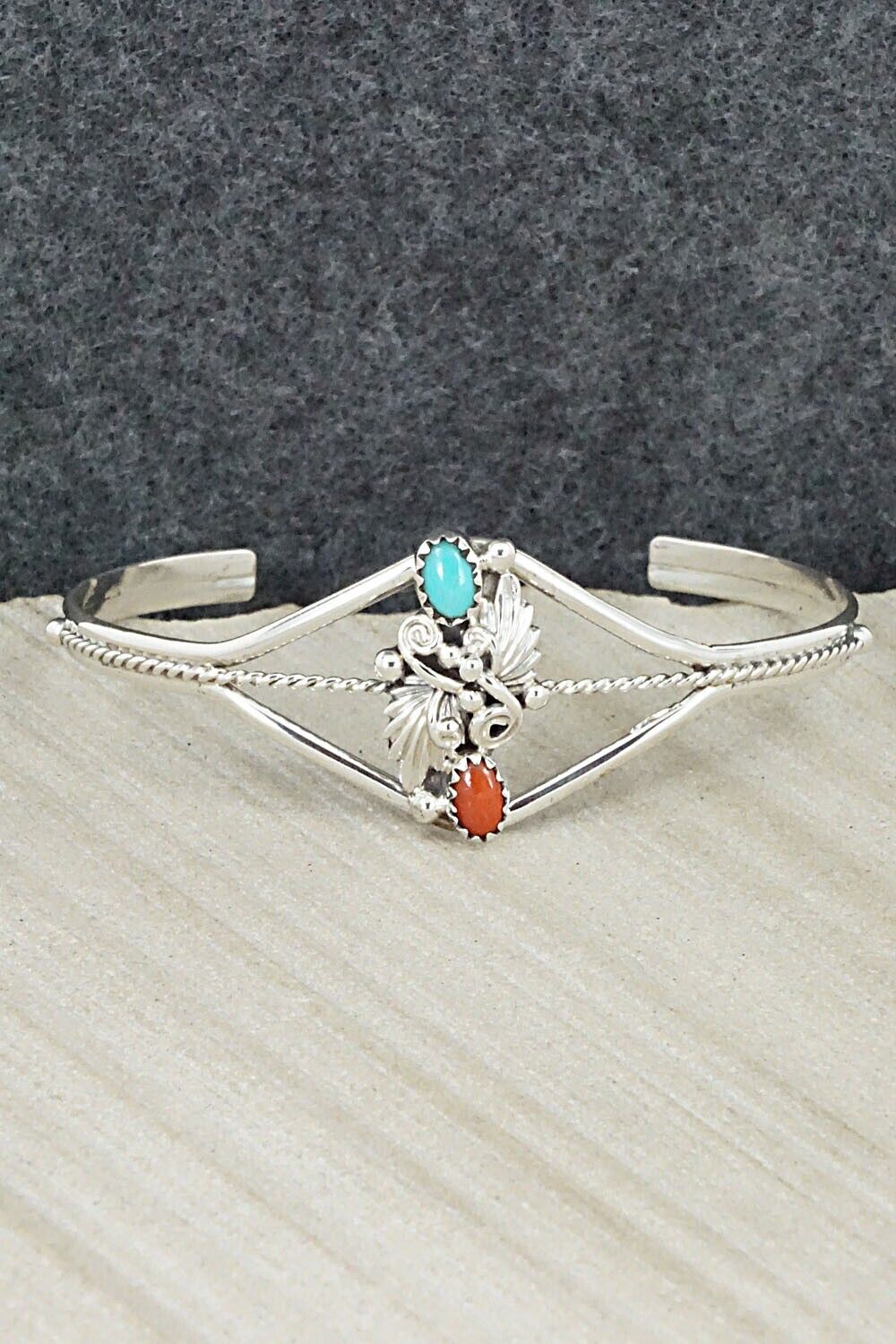 Turquoise, Coral & Sterling Silver Bracelet - William Begay