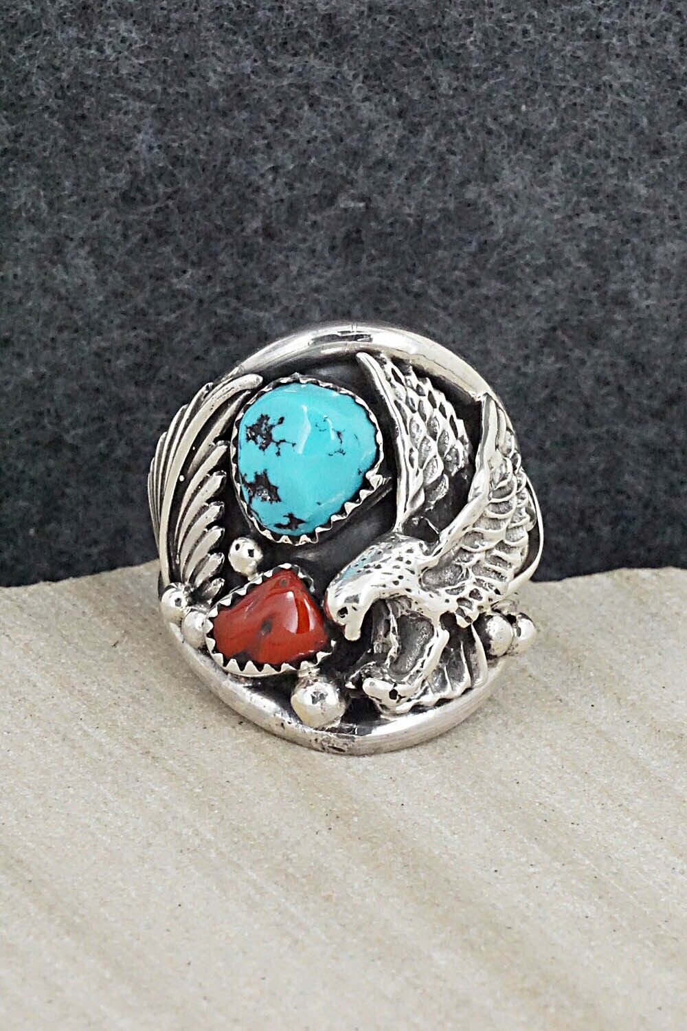 Turquoise, Coral & Sterling Silver Ring - Jeannette Saunders - Size 10.5