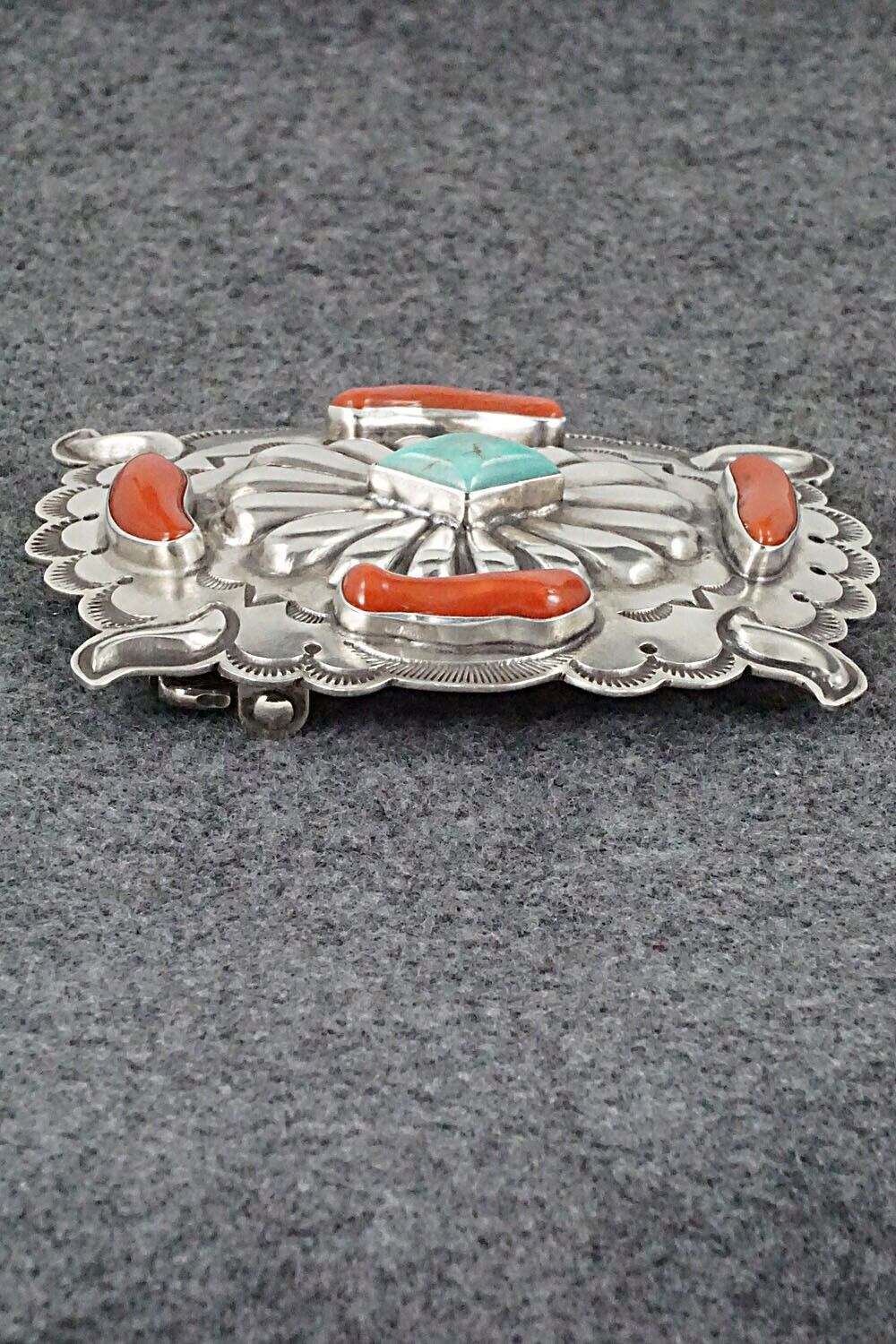 Turquoise, Coral & Sterling Silver Belt Buckle - Wallace Yazzie, Jr.