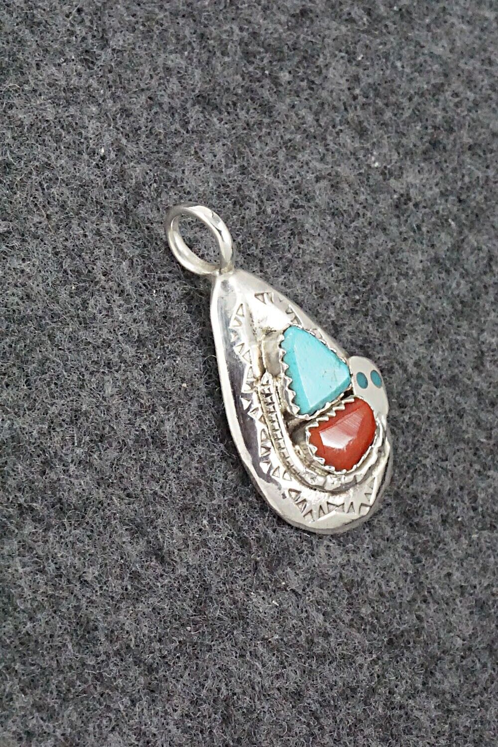 Turquoise, Coral and Sterling Silver Pendant - Joy Calavaza
