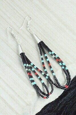 Turquoise, Coral, Jet & Sterling Silver Earrings - Esquipula Tenorio