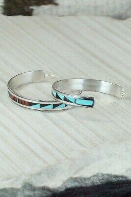 Multi Stone Inlay & Sterling Silver Hoop Earrings - Phil Weahkee - High Lonesome Trading