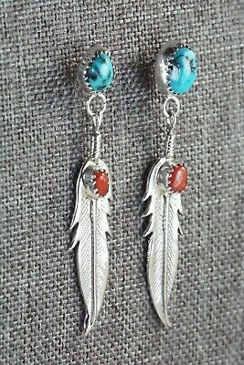 Navajo Turquoise, Coral & Sterling Silver Earrings - Annie Spencer