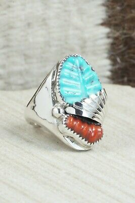 Turquoise, Coral & Sterling Silver Ring - Lyolita Tsattie - Size 6.5