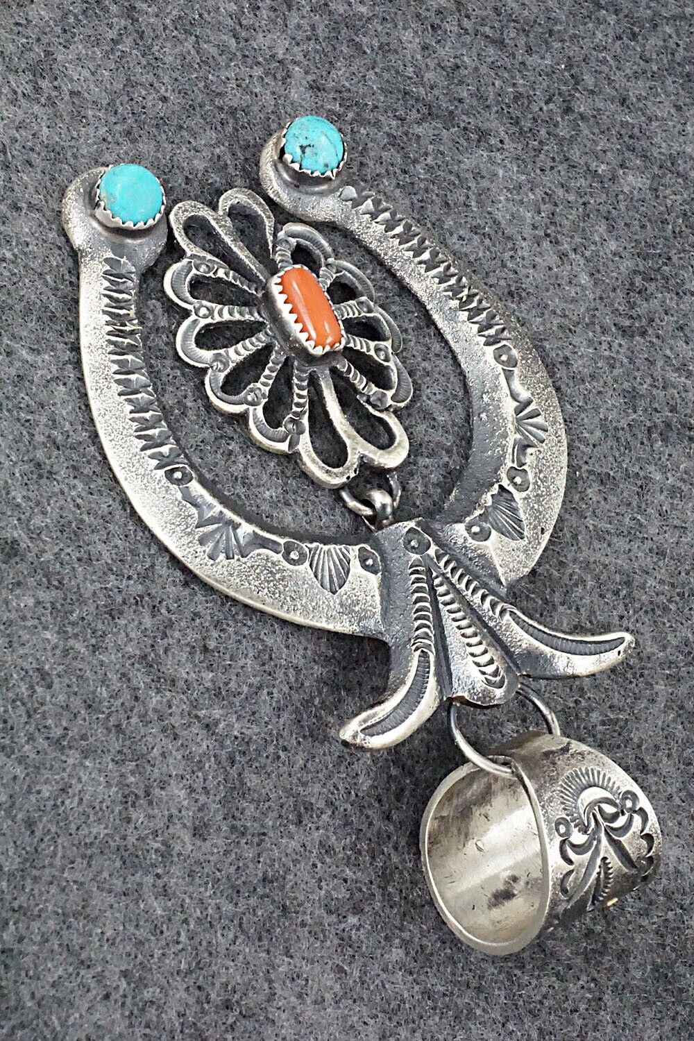 Turquoise, Coral and Sterling Silver Naja Pendant - Eva Cayatineto