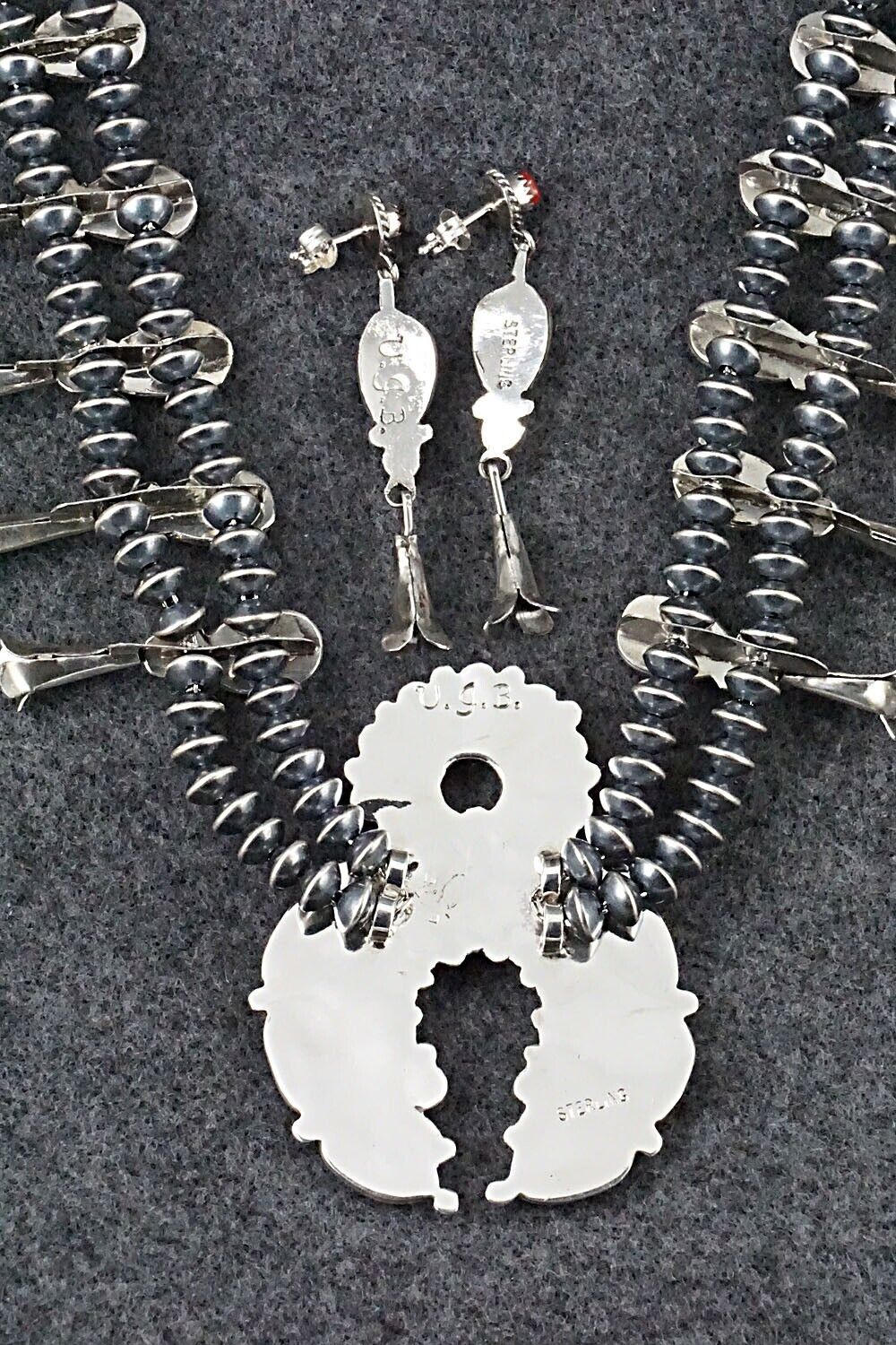 Coral & Sterling Silver Squash Blossom and Earrings - Vie Bobelu