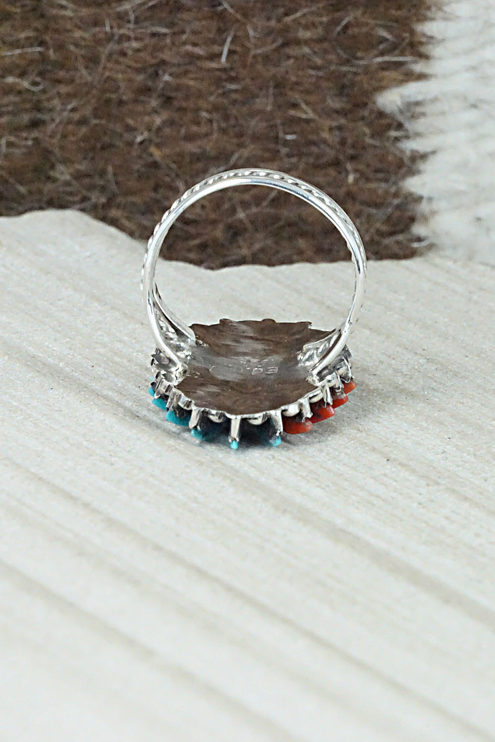 Turquoise, Coral and Sterling Silver Ring - Edmund Cooeyate - Size 6.5