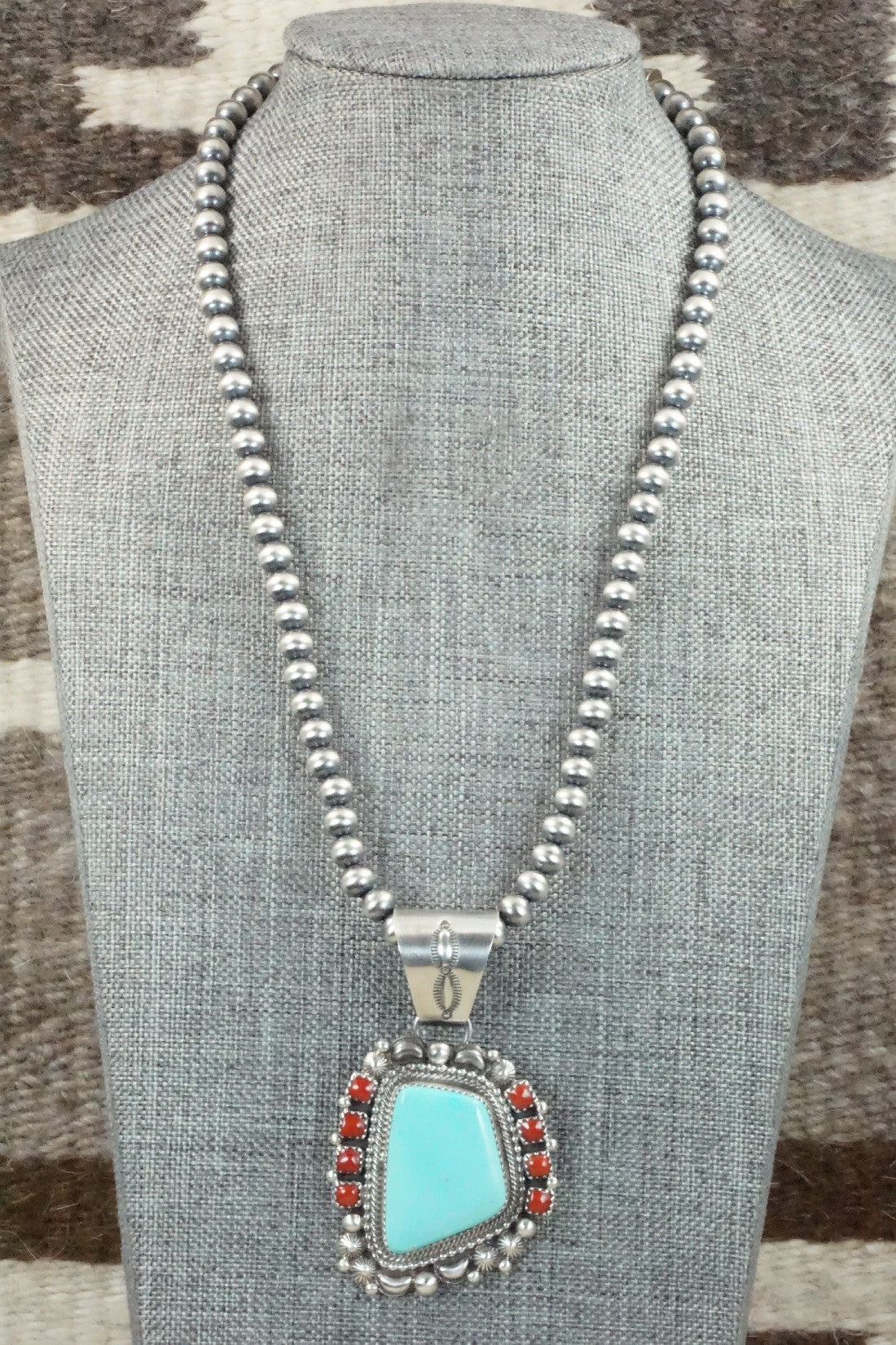 Turquoise, Coral Pendant & Sterling Silver Necklace - Tom Lewis