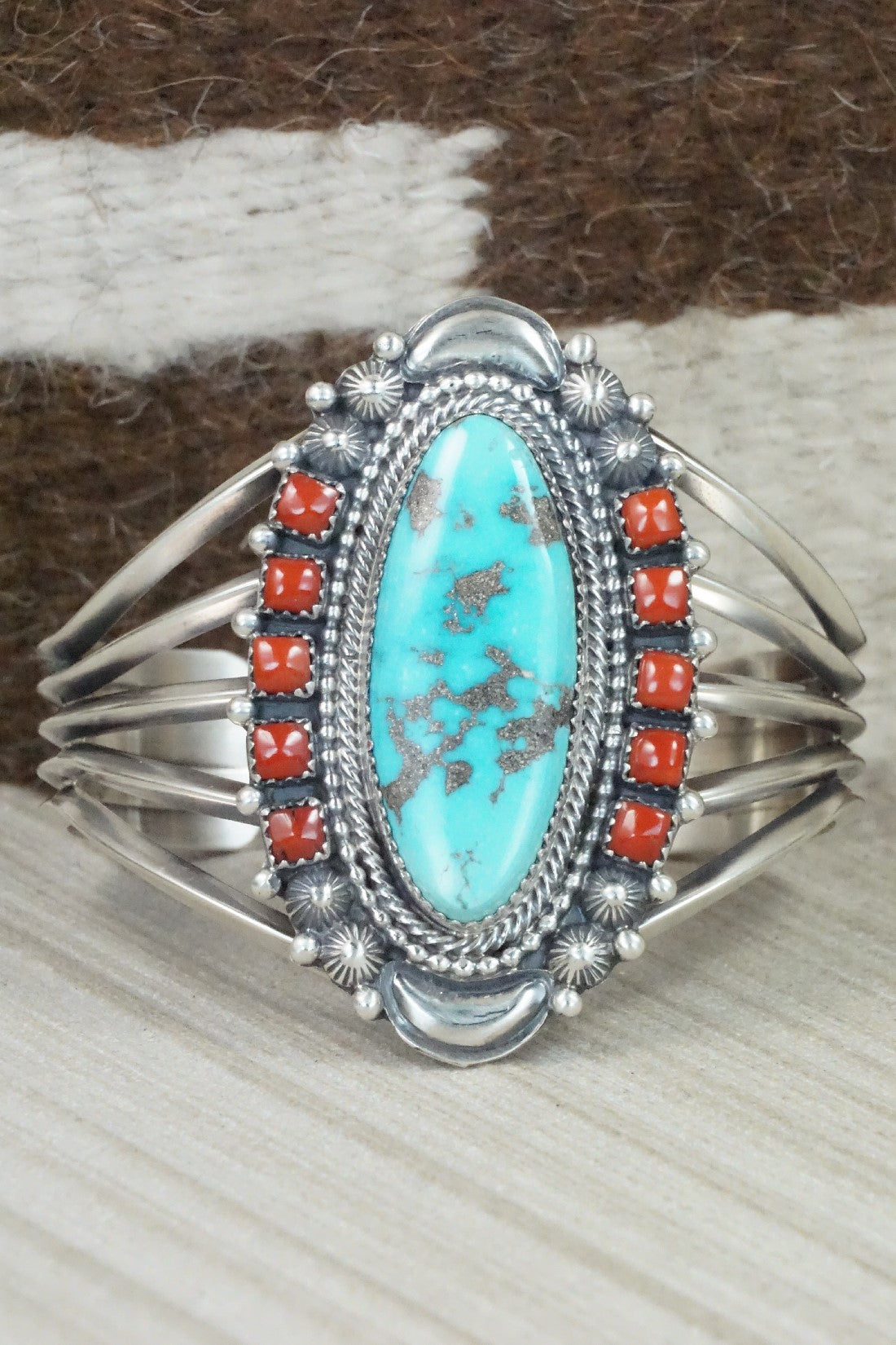 Turquoise, Coral and Sterling Silver Bracelet - Tom Lewis