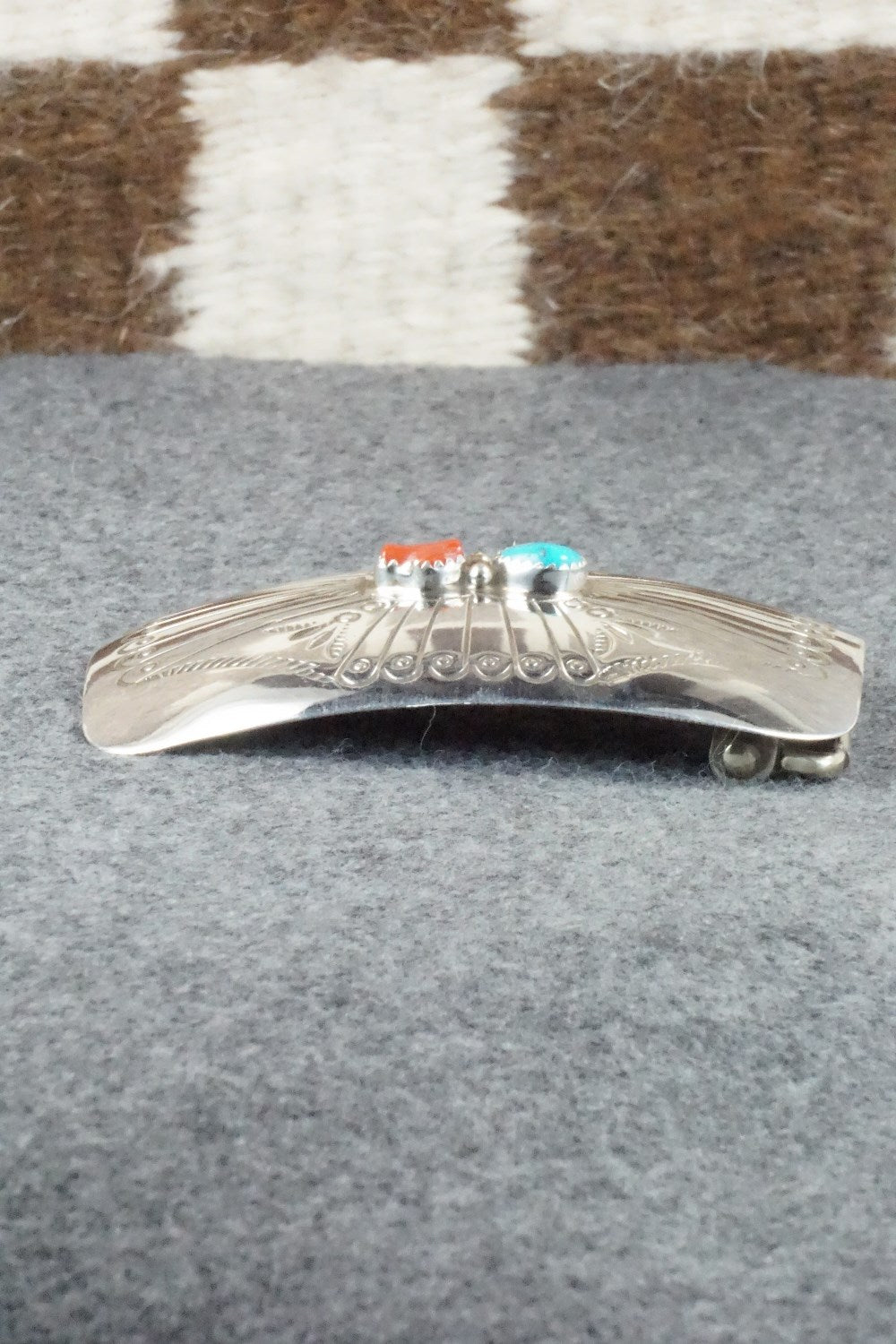 Turquoise, Coral and Sterling Silver Belt Buckle - Joann Silver