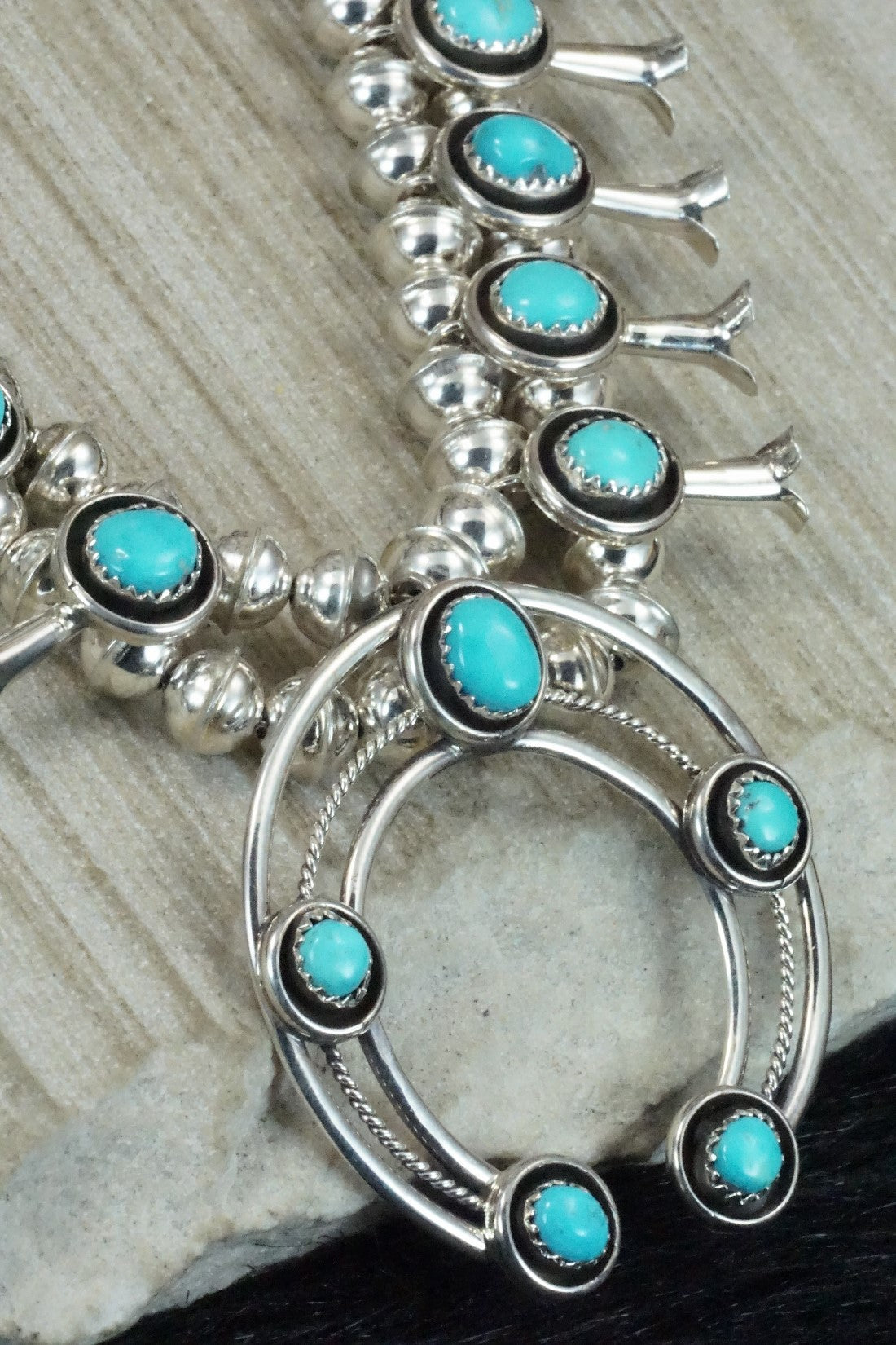 Turquoise & Sterling Silver Squash Blossom Necklace & Earrings Set - Phil Garcia