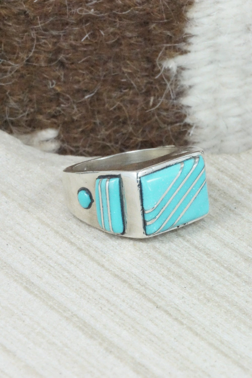 Turquoise & Sterling Silver Inlay Ring - Leslie & Gladys Lamy - Size 10.5