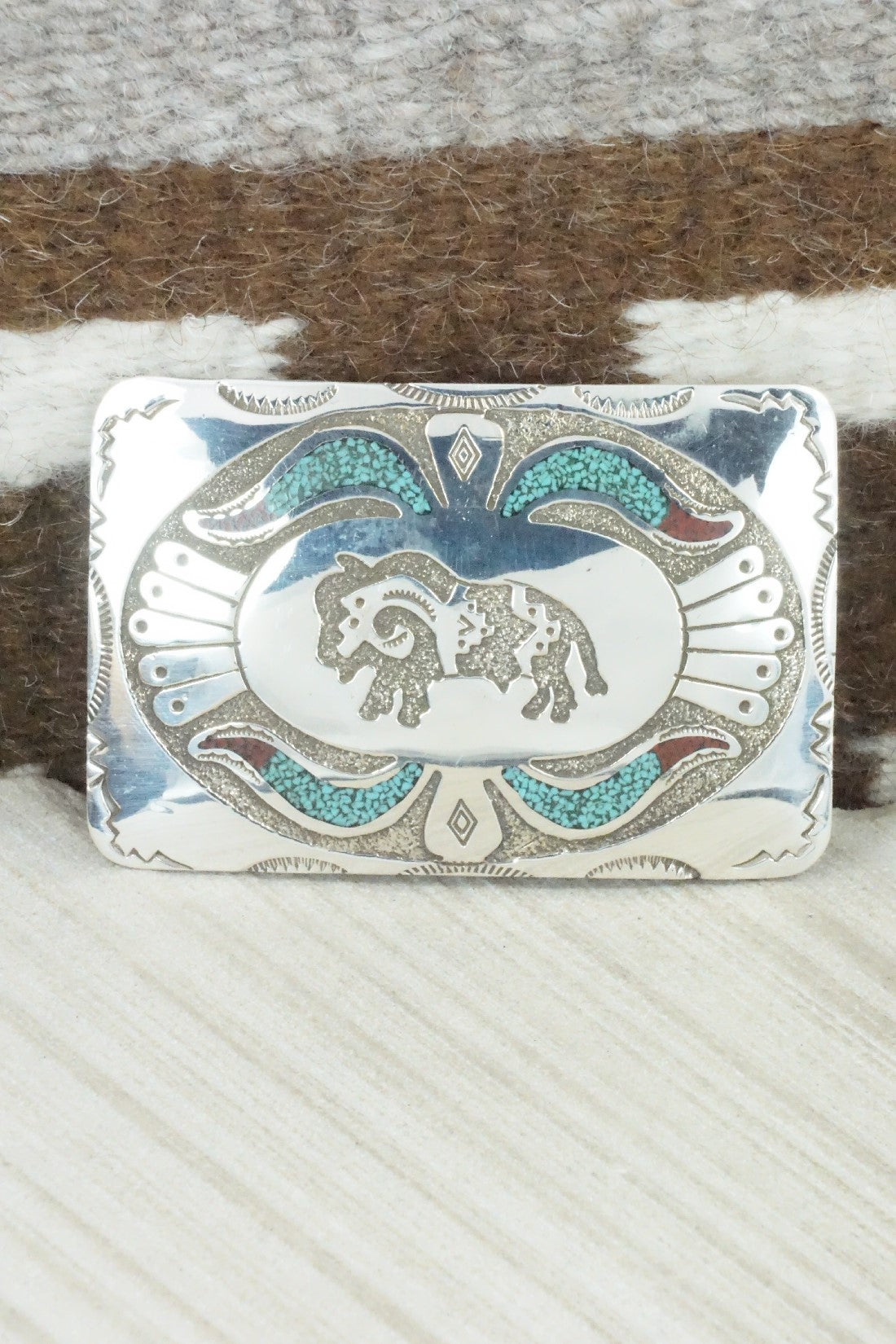 Turquoise, Coral & Sterling Silver Belt Buckle - Raymond Begay