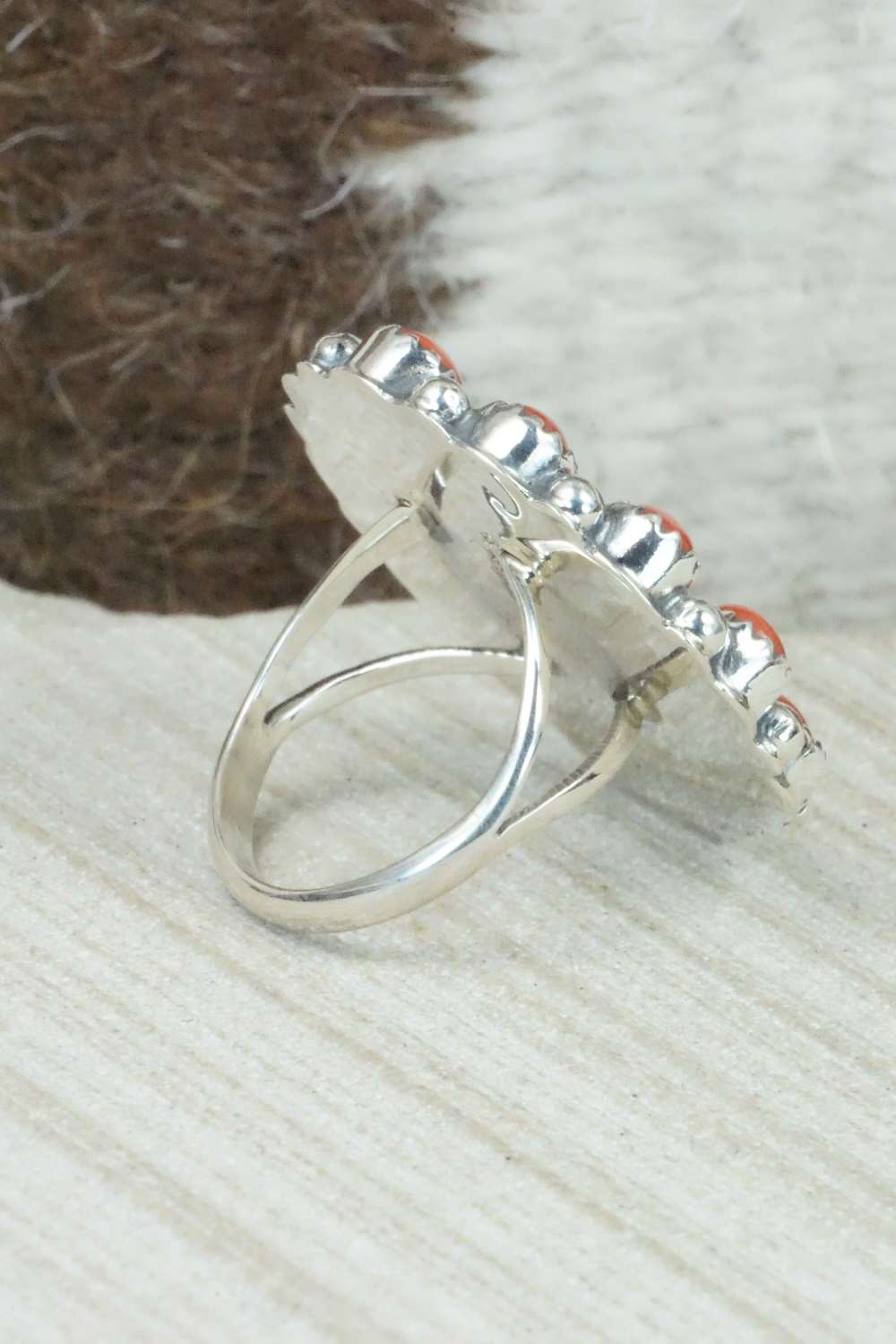 Coral, Turquoise & Sterling Silver Ring - Roberta Begay - Size 5.5