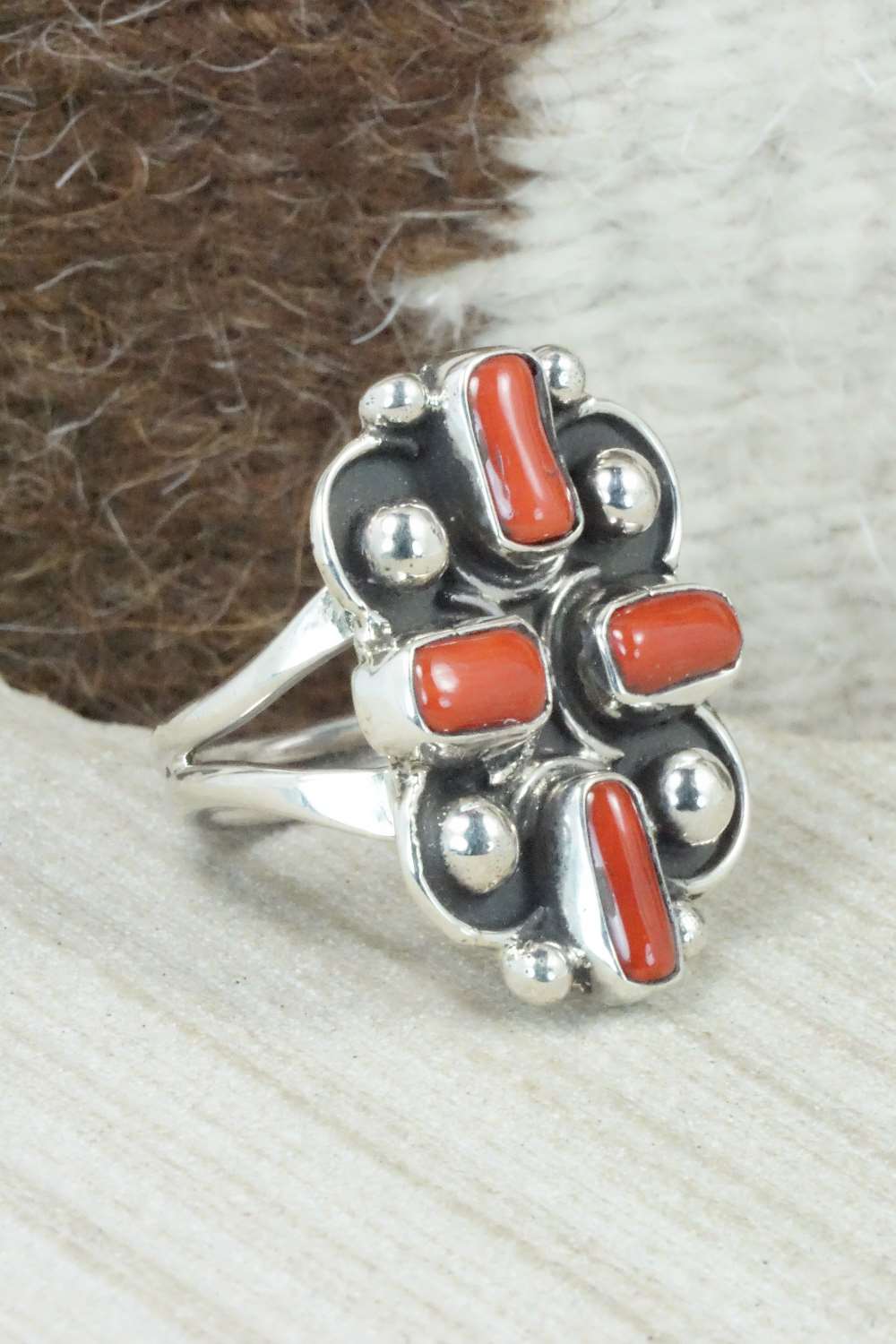Coral & Sterling Silver Ring - Priscilla Reeder - Size 7