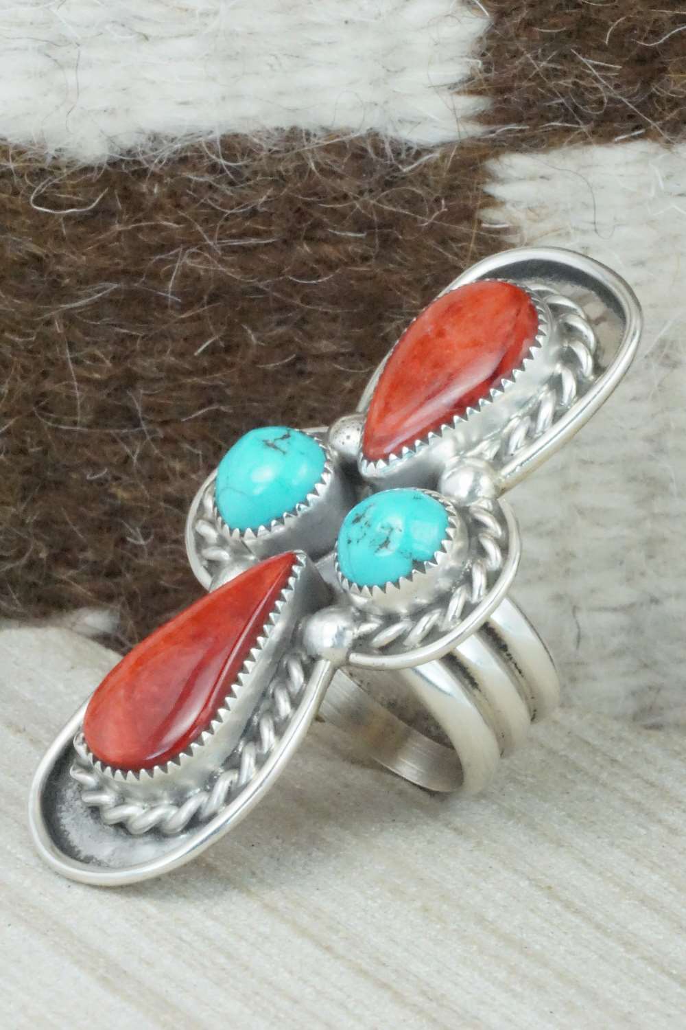 Spiny Oyster, Turquoise & Sterling Silver Ring - Cris Nez - Size 7.25