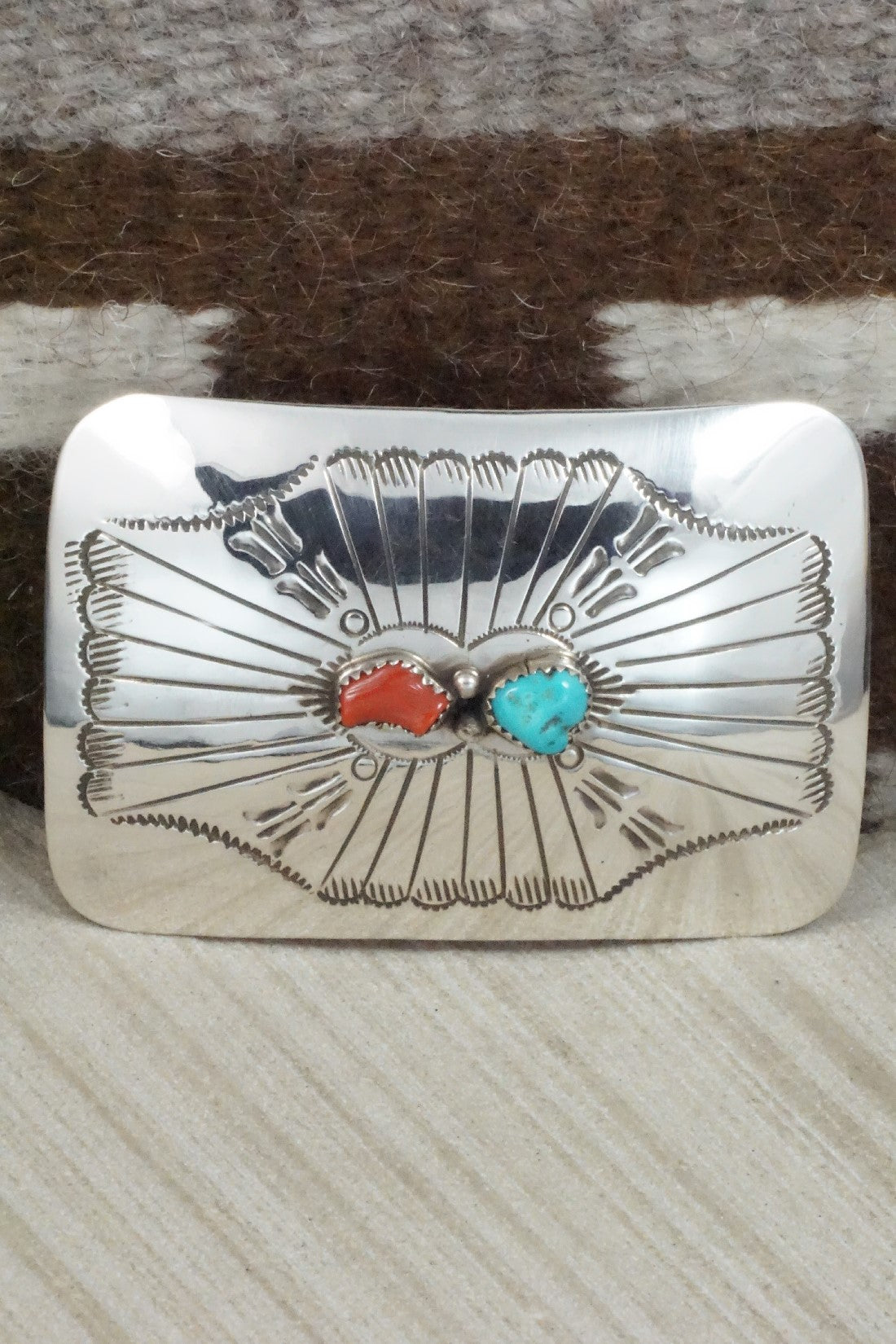 Turquoise, Coral & Sterling Silver Belt Buckle - Joann Silver