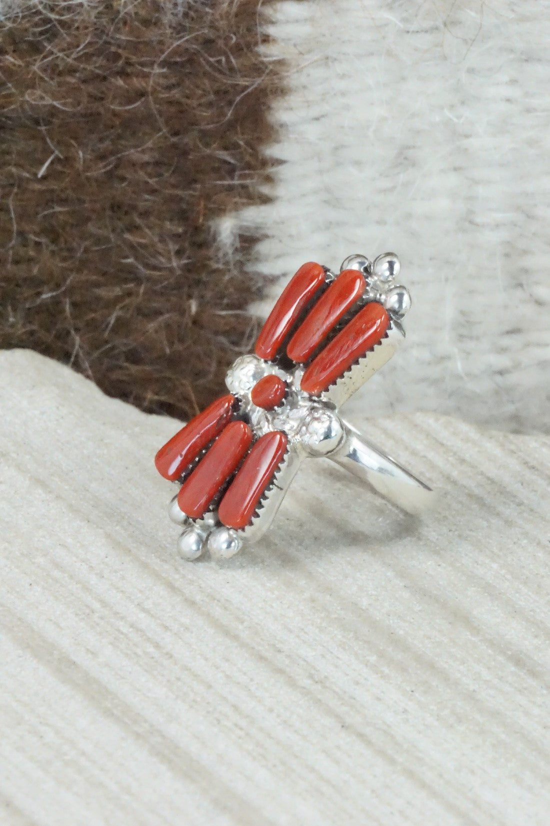 Coral & Sterling Silver Ring - Carlene Hattie - Size 5.75