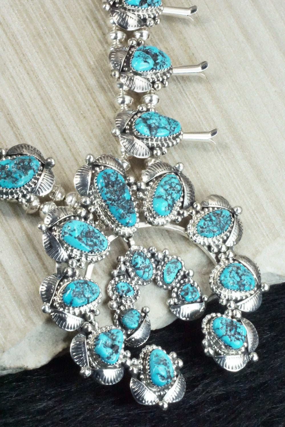 Turquoise & Sterling Silver Squash Blossom Necklace and Earrings - Vernon Johnson