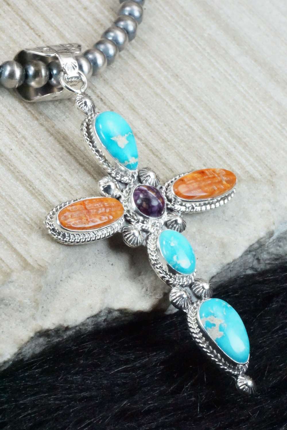Turquoise, Spiny Oyster & Sterling Silver Necklace - Samuel Yellowhair