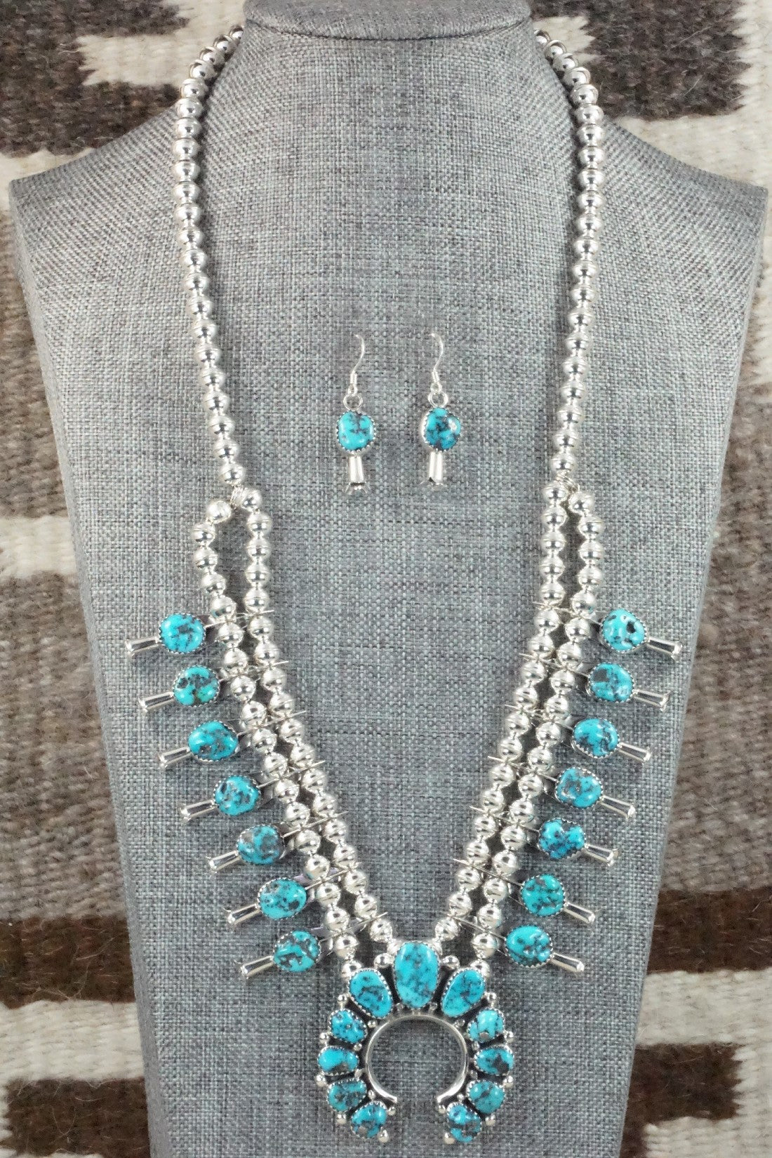 Turquoise & Sterling Silver Squash Blossom & Earrings - Califreda Roanhorse